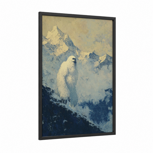 Alpine Yeti framed art print — black wood frame — cream and dove gray palette