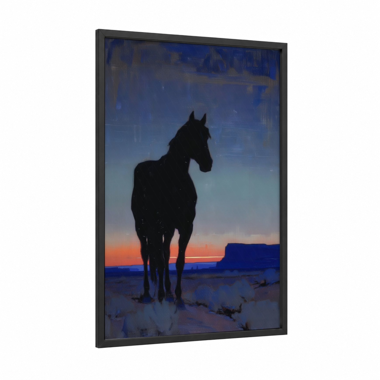 Sunset Quarter Horse framed art print — black wood frame — dark blue and orange palette