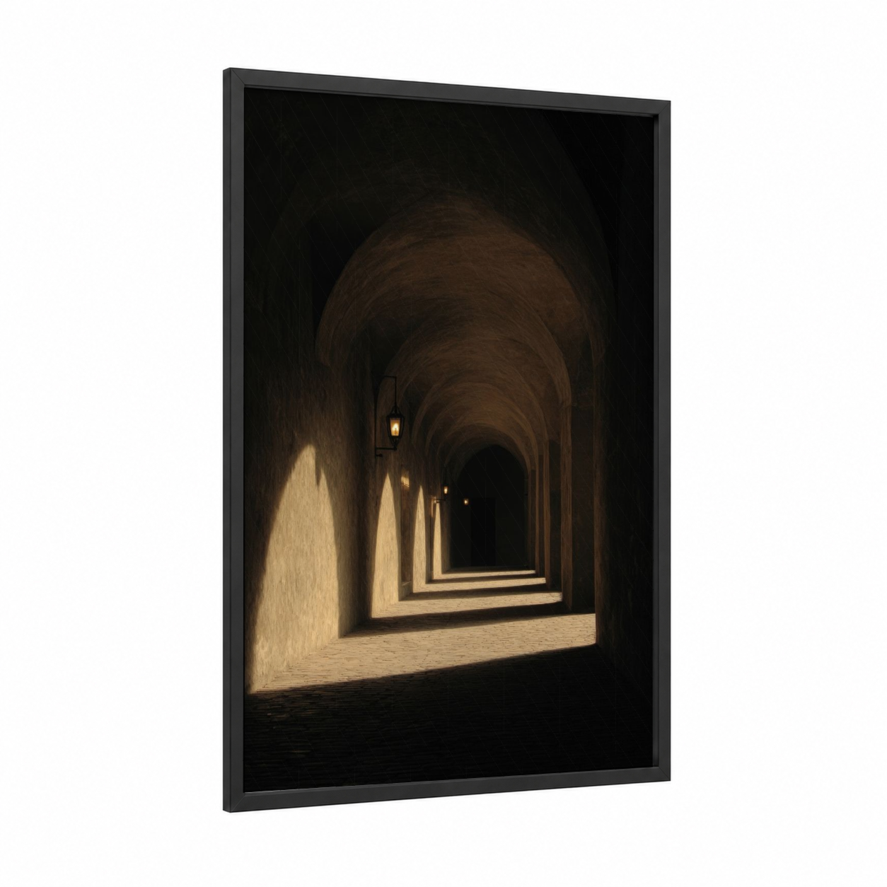 Sunlit Archway framed tunnel print — black wood frame — black and champagne gold palette