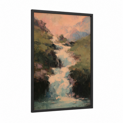 Alpine Waterfall framed art print — black wood frame — peach and sage green palette
