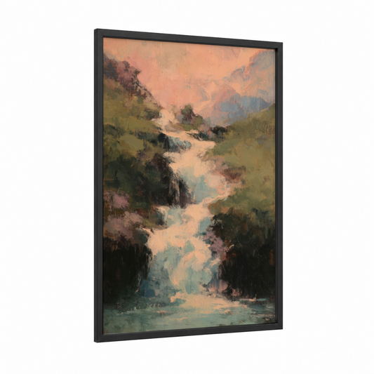 Alpine Waterfall framed art print — black wood frame — peach and sage green palette