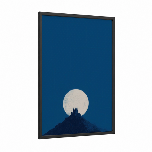 Moonlit Castle framed art print — black wood frame — dark blue and cream palette