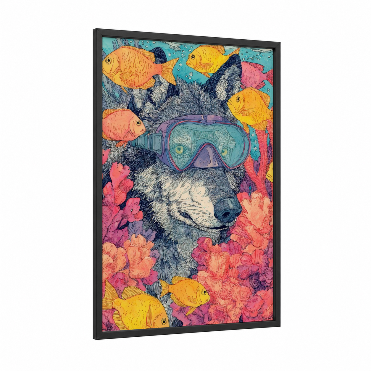 Snorkeling Wolf framed art print — black wood frame — turquoise and magenta palette