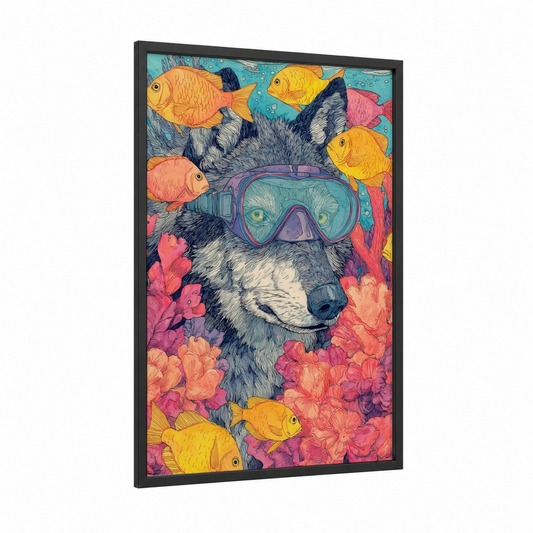 Snorkeling Wolf framed art print — black wood frame — turquoise and magenta palette
