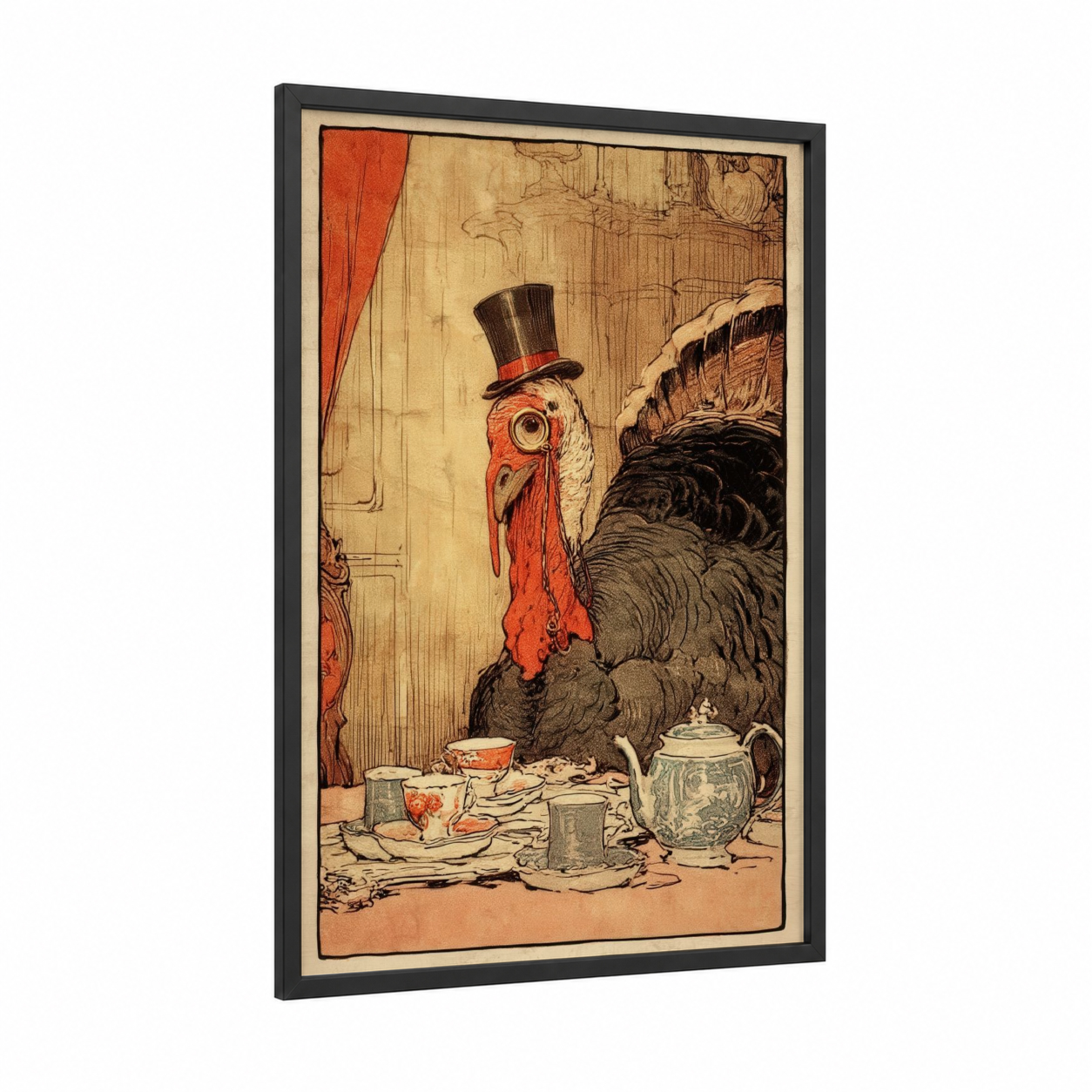 Dapper Turkey Tea framed art print — black wood frame — orange and cream palette