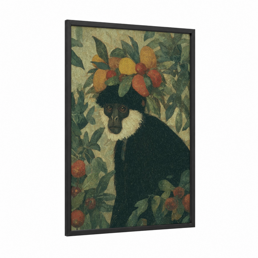 Fruit-Crowned Monkey framed art print — black wood frame — dark green and gold palette
