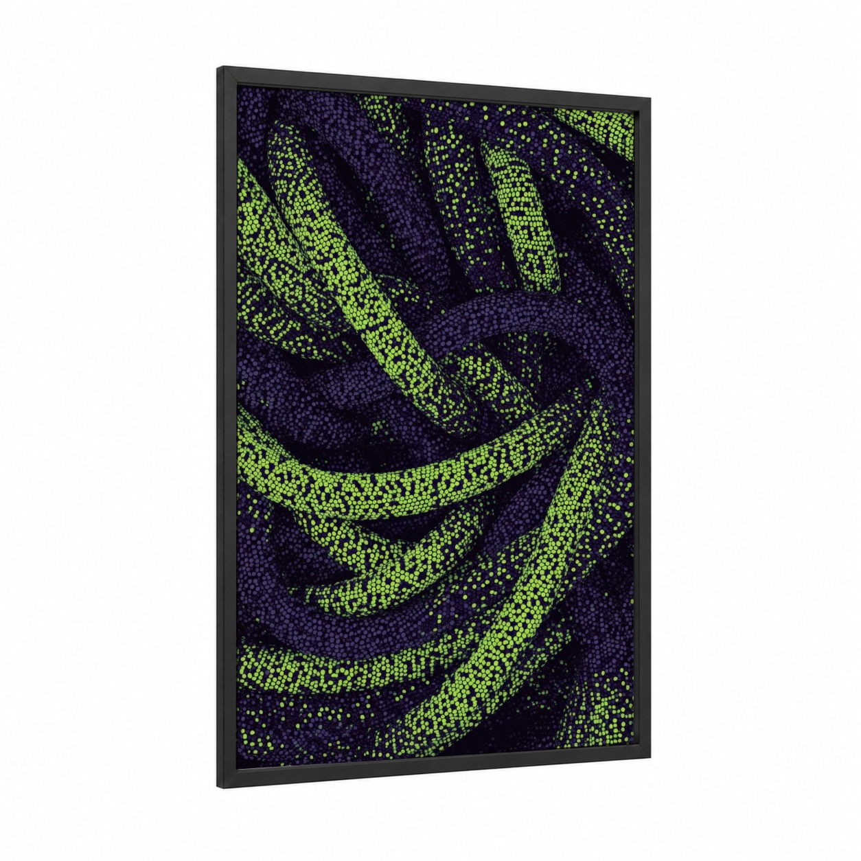 Neon Rope Abstract framed rope knots print — black wood frame — lime green and purple palette