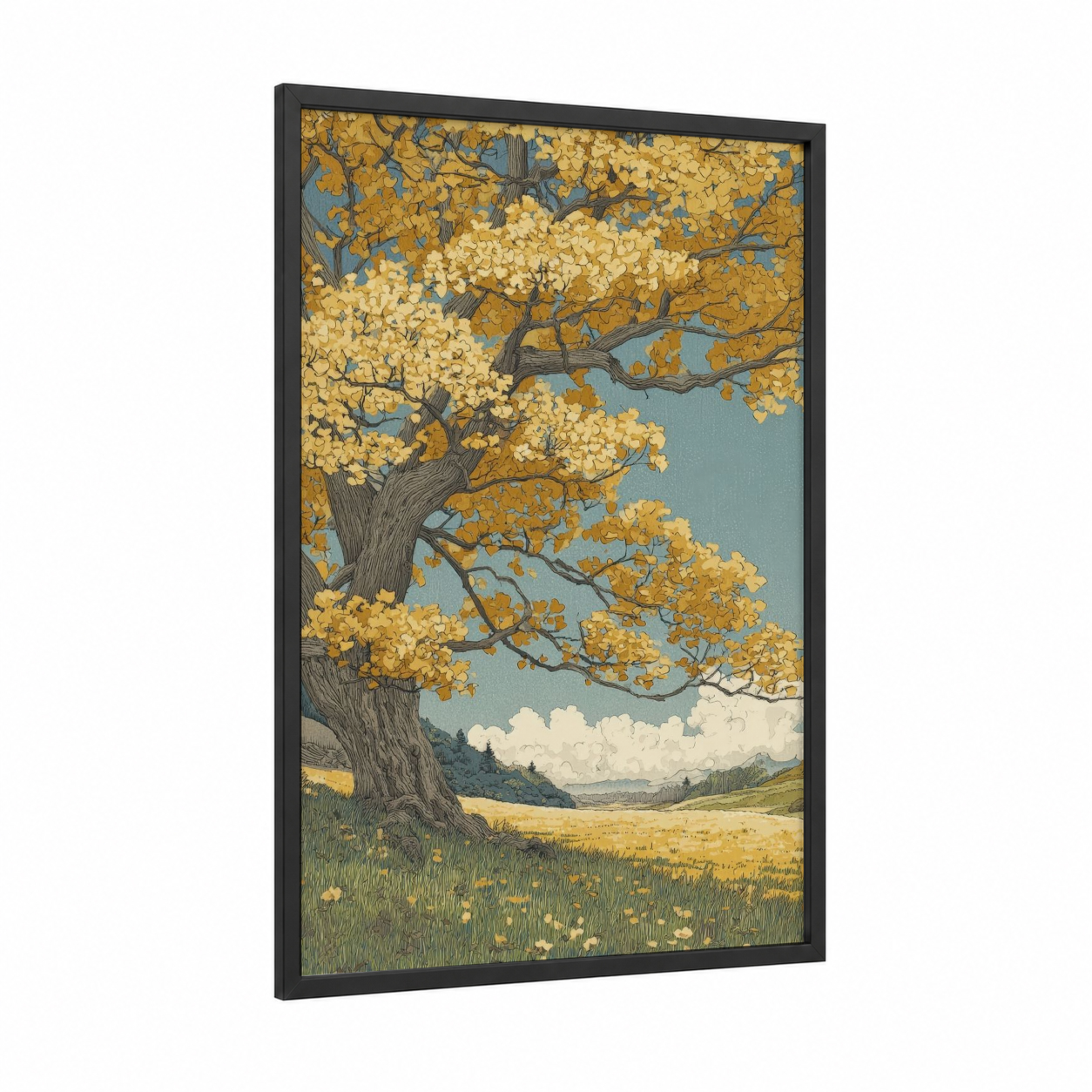 Golden Linden Tree framed art print — black wood frame — yellow gold and blue palette