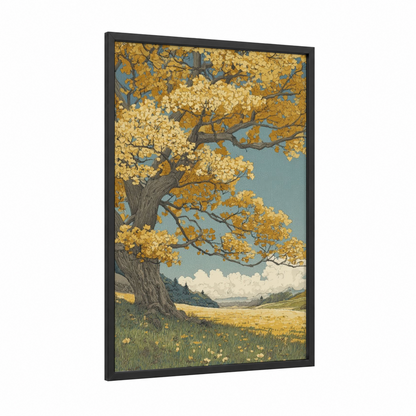 Golden Linden Tree framed art print — black wood frame — yellow gold and blue palette