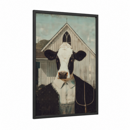 Church Cow Portrait framed jersey cow print — black wood frame — black and white and sage green palette