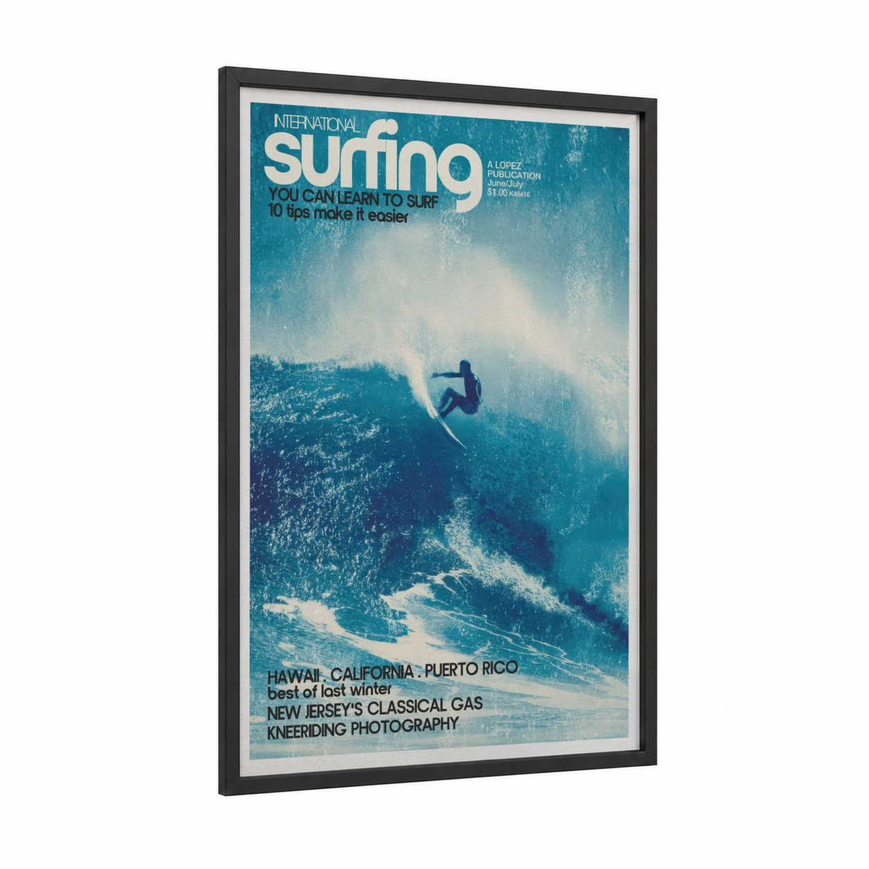 Wave Rider framed surfing print — black wood frame — blue and white palette