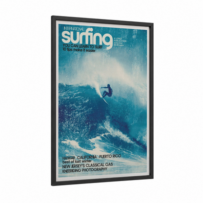 Wave Rider framed surfing print — black wood frame — blue and white palette
