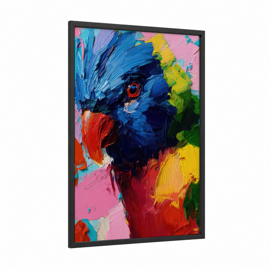 Vibrant Lorikeet framed rainbow lorikeet print — black wood frame — blue and pink palette