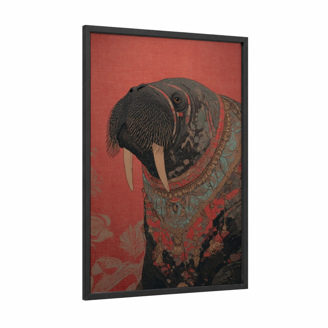 Crimson Walrus framed art print — black wood frame — red and teal palette