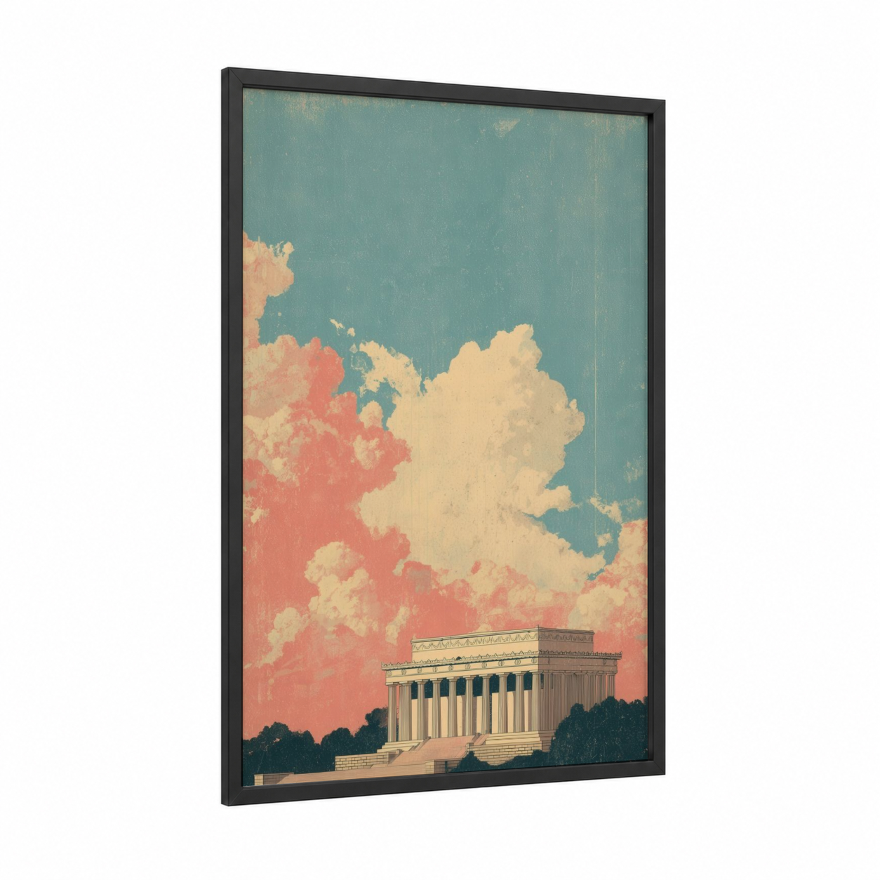 Patriotic Monument Dawn framed lincoln memorial print — black wood frame — teal and peach palette