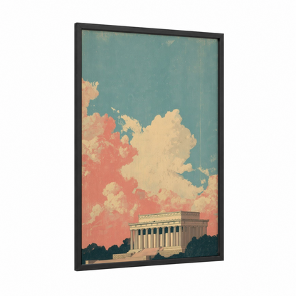 Patriotic Monument Dawn framed lincoln memorial print — black wood frame — teal and peach palette