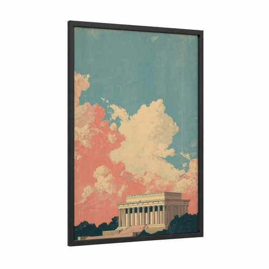 Patriotic Monument Dawn framed lincoln memorial print — black wood frame — teal and peach palette