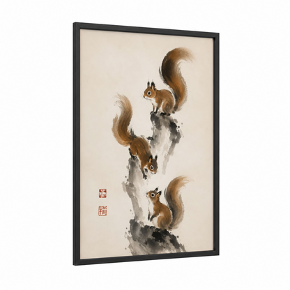 Red Squirrel Trio Asian Brush Wall Art framed art print — black wood frame — beige and brown palette