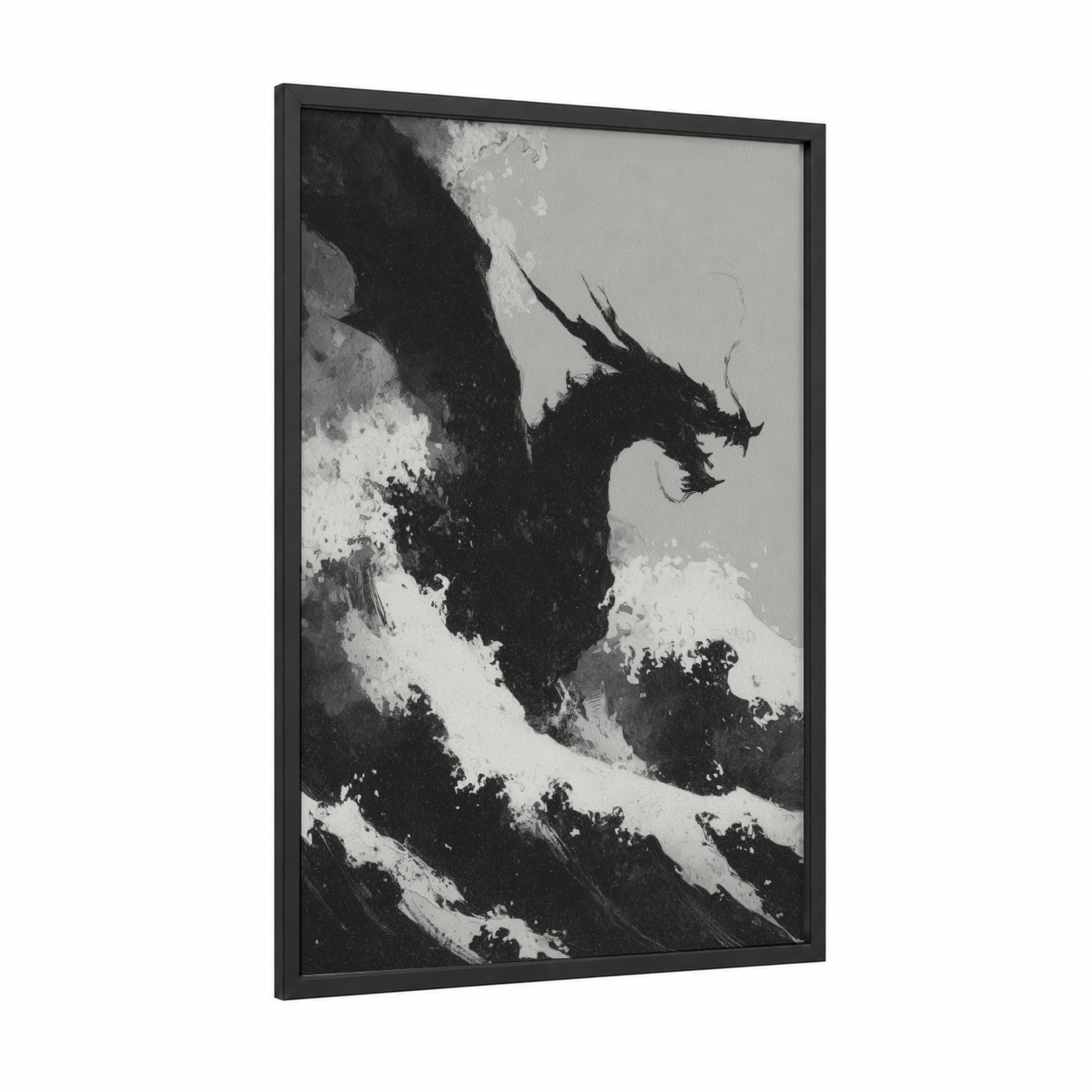 Stormy Dragon framed art print — black wood frame — black and white palette