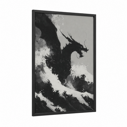 Stormy Dragon framed art print — black wood frame — black and white palette