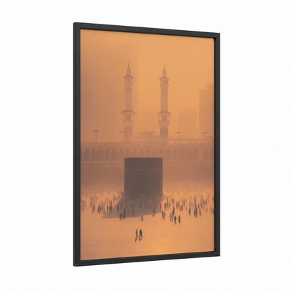 Golden Sanctuary framed masjid al haram print — black wood frame — gold and peach palette