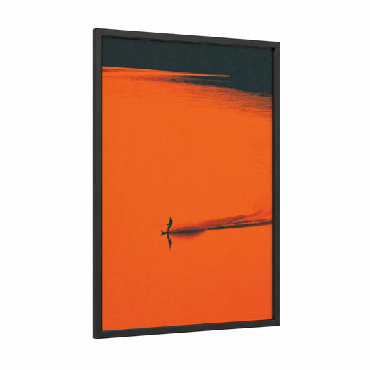 Solitary Skier framed water skiing print — black wood frame — orange palette