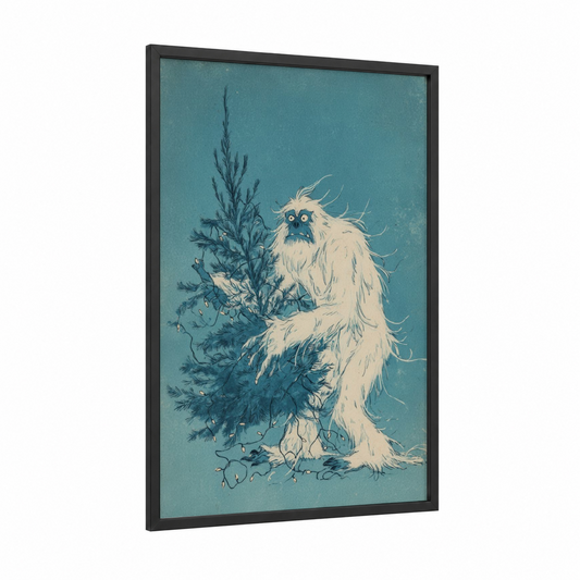 Forest Guardian Yeti framed art print — black wood frame — teal and white palette