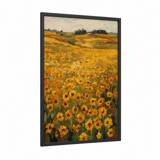 Golden Sunflower Field framed art print — black wood frame — yellow gold and true green palette