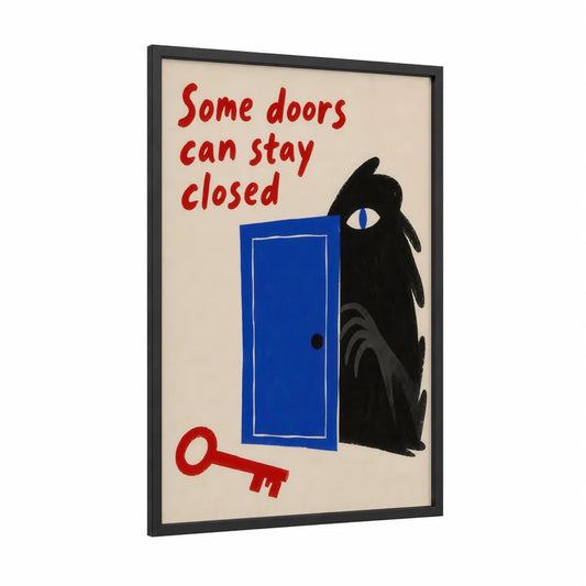 Blue Door With Shadow Wall Art framed art print — black wood frame — blue and red palette