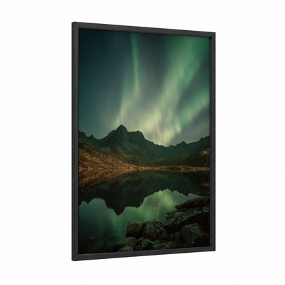 Alpine Aurora framed northern lights print — black wood frame — dark green and dark blue palette