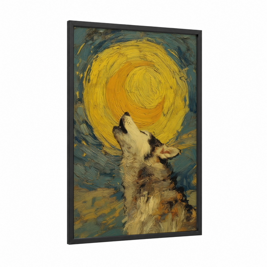 Moonlit Husky framed art print — black wood frame — yellow gold and dark blue palette