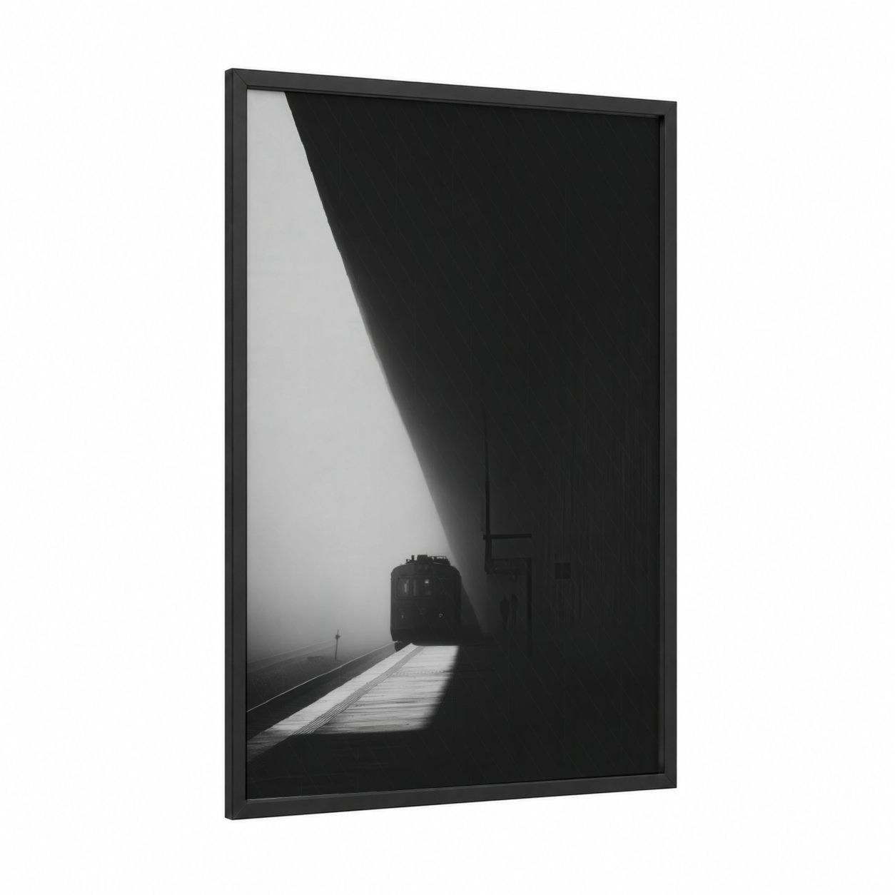Misty Platform framed subway print — black wood frame — black and white and gray palette