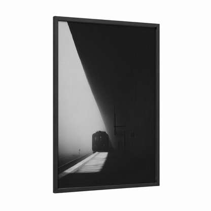 Misty Platform framed subway print — black wood frame — black and white and gray palette