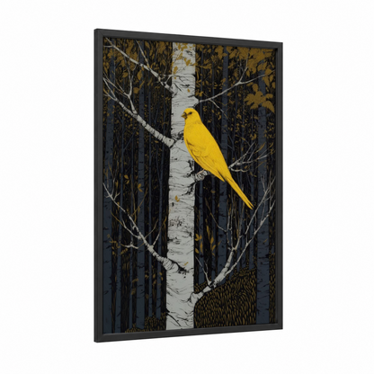 Golden Birch Canary framed canaries print — black wood frame — yellow gold and black and white palette