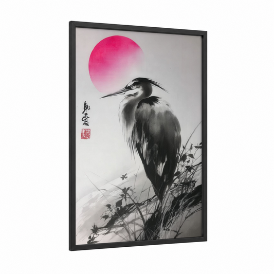 Crimson Moon Heron framed art print — black wood frame — black and white and magenta palette
