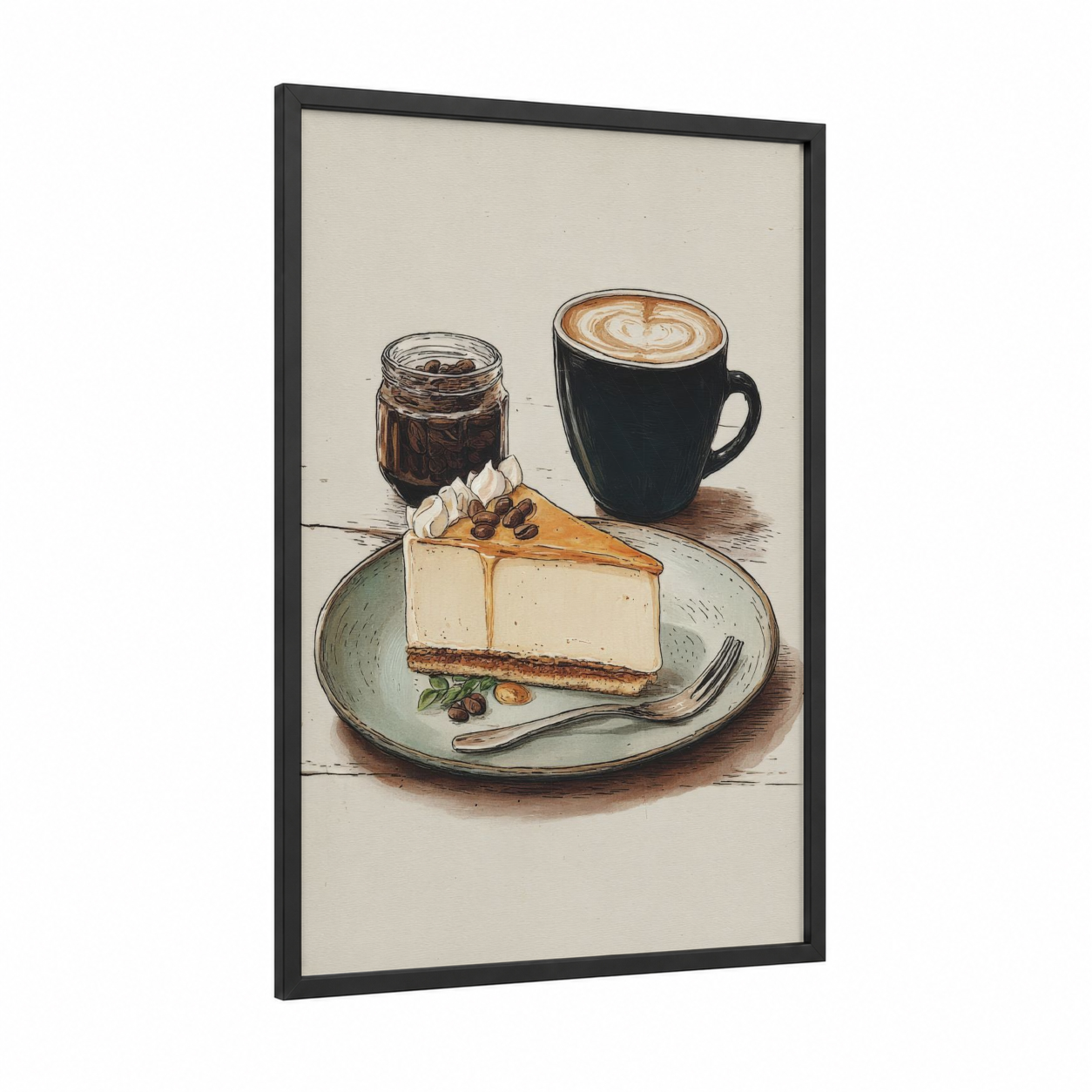 Cappuccino Cheesecake framed sweet print — black wood frame — cream and brown palette