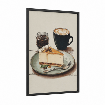 Cappuccino Cheesecake framed sweet print — black wood frame — cream and brown palette