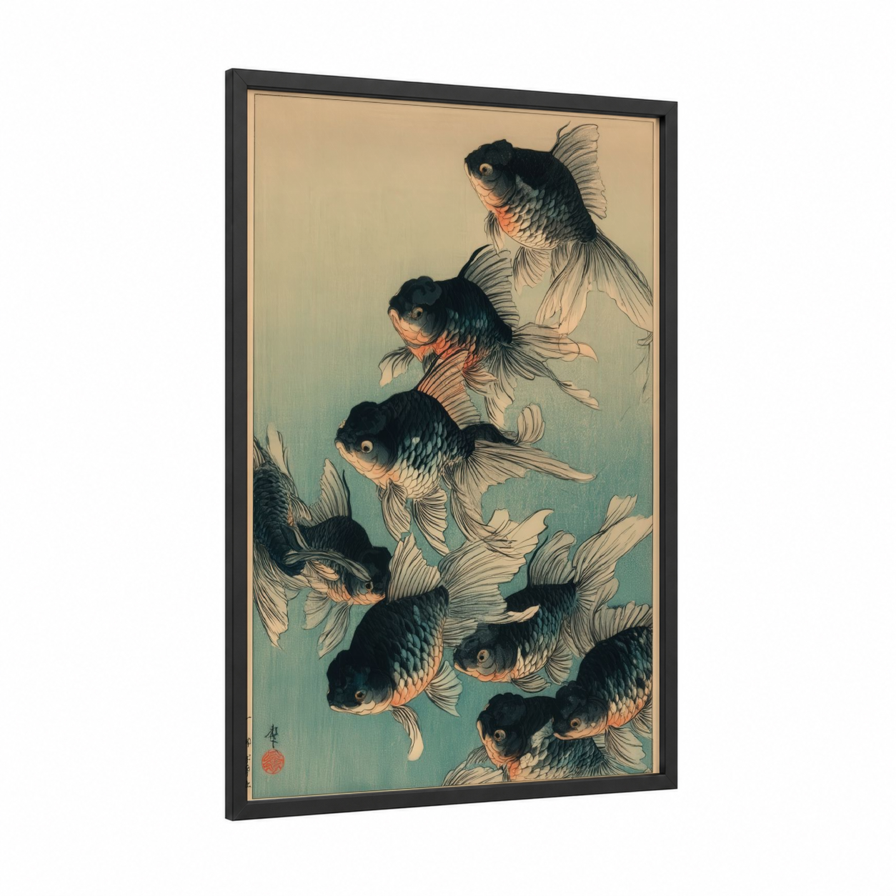Goldfish School framed art print — black wood frame — teal and black and gold palette