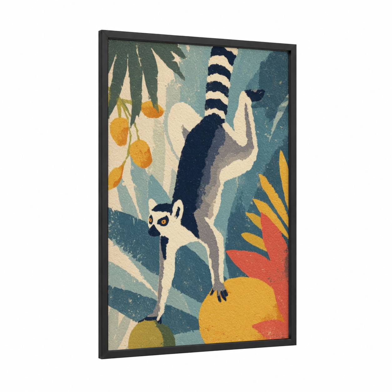 Acrobatic Lemur framed art print — black wood frame — teal and yellow gold palette
