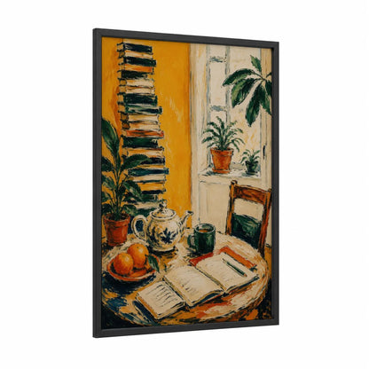 Cozy Reading Nook With Plants Wall Art framed art print — black wood frame — orange and true green palette