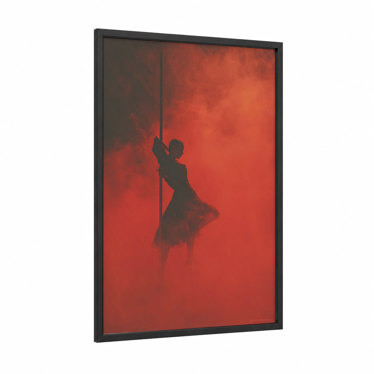 Crimson Pole Dancer framed pole dancing print — black wood frame — red and black palette