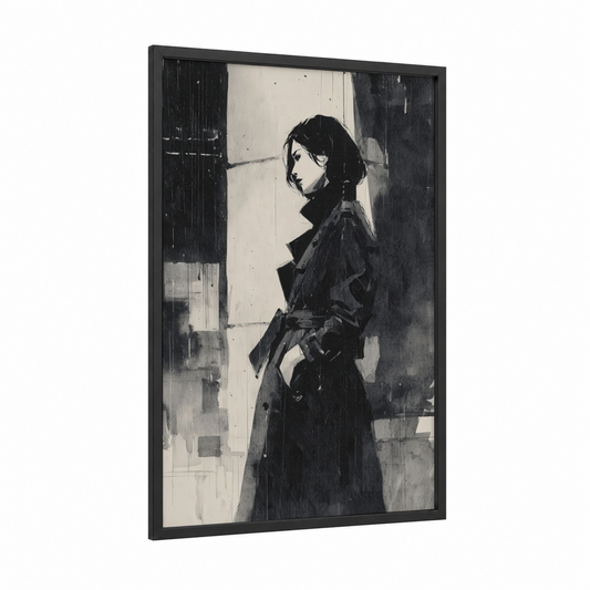 Noir Portrait Woman framed retro fashion print — black wood frame — black and white and gray palette