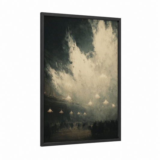 Ethereal Cathedral framed dark fantasy print — black wood frame — black and white and cream palette