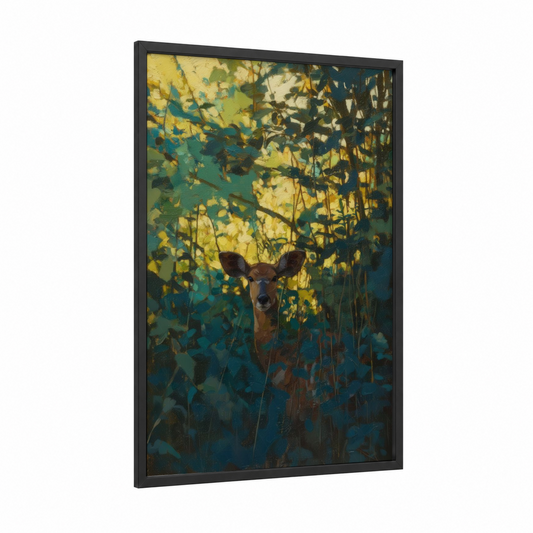 Golden Antelope framed art print — black wood frame — yellow gold and teal palette
