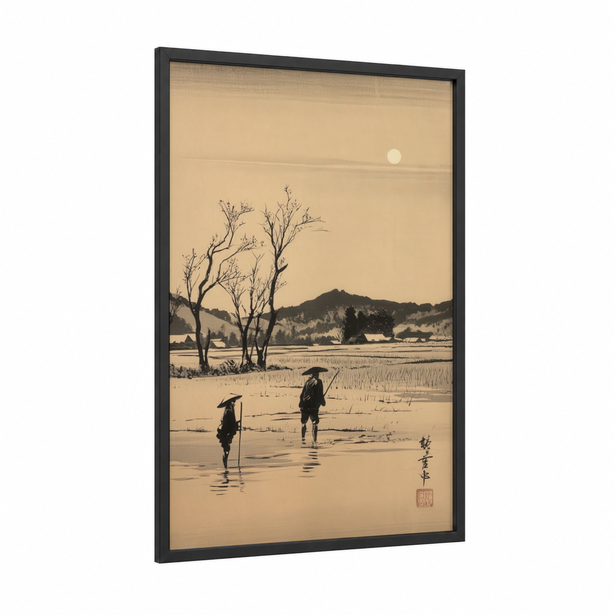 Rice Field Pilgrims framed various landscapes print — black wood frame — beige and black palette