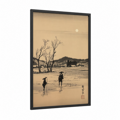 Rice Field Pilgrims framed various landscapes print — black wood frame — beige and black palette