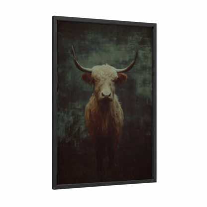 Highland Cattle Portrait framed highland cow print — black wood frame — brown and gray palette