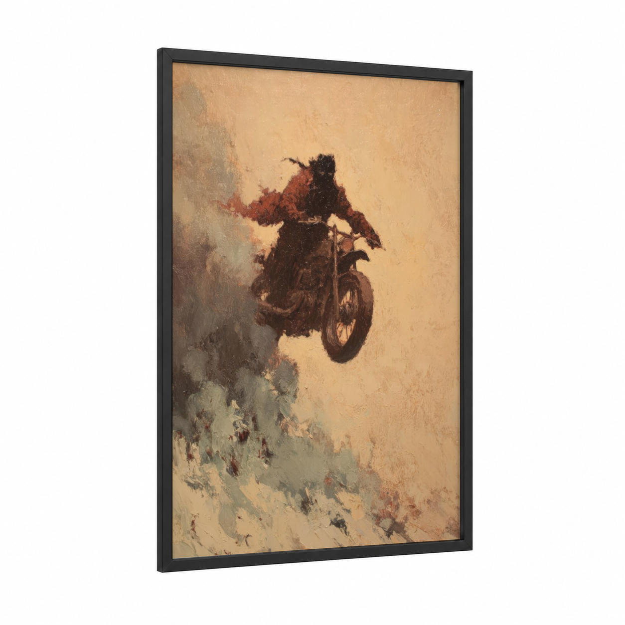 Desert Rider framed vintage motorcycle print — black wood frame — russet and beige palette