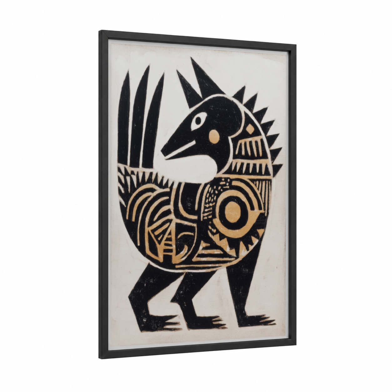 Golden Dragon Bird framed abstract traditional print — black wood frame — black and gold and cream palette