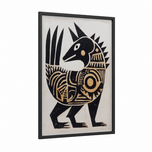 Golden Dragon Bird framed abstract traditional print — black wood frame — black and gold and cream palette